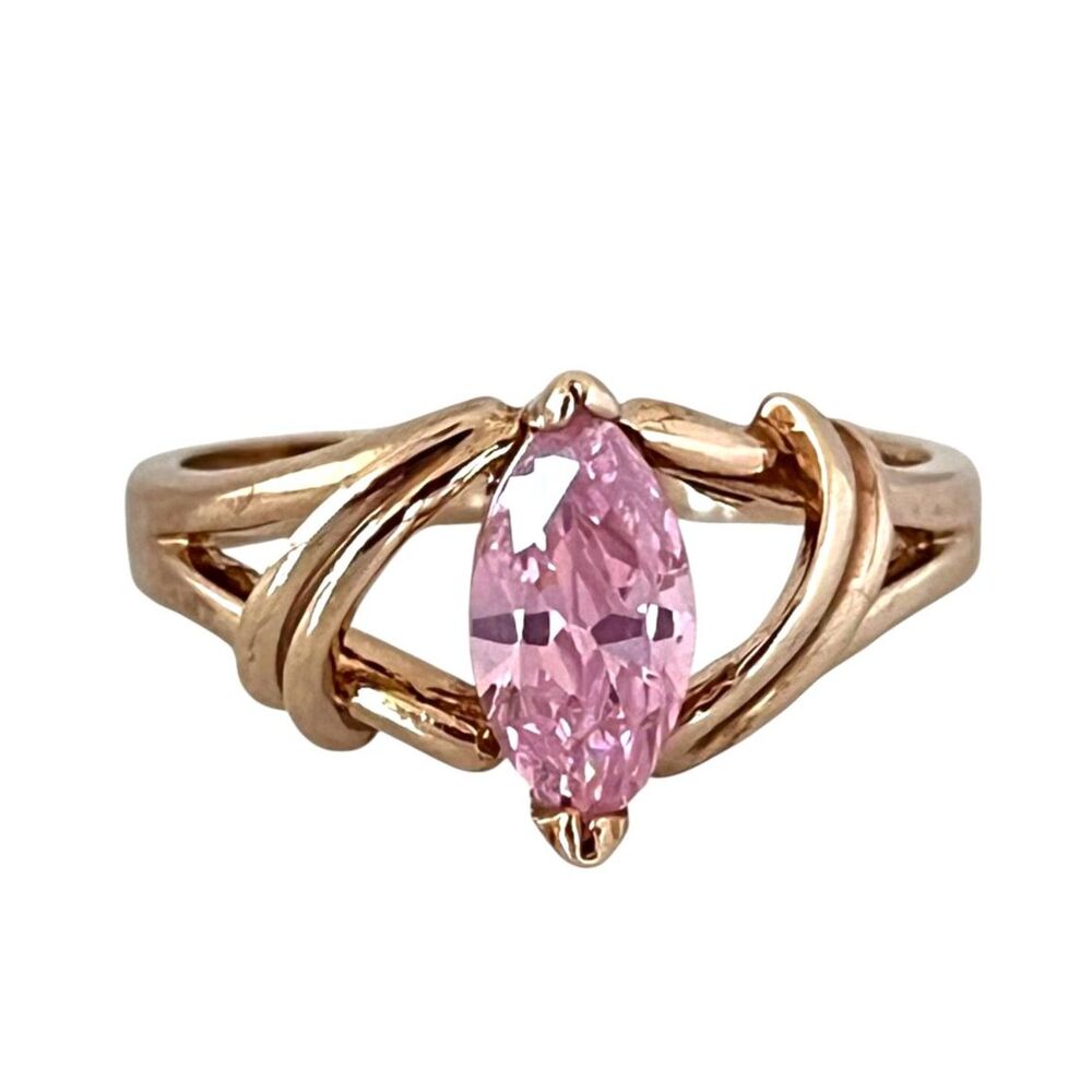 Vintage 1980s Pink CZ Marquise Ring Size 7 14KTGE Gold Plate - 14D